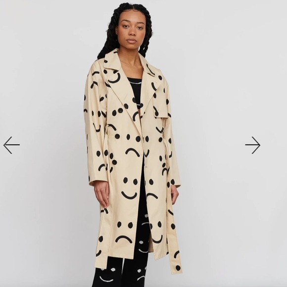 Lazy Oaf Jackets & Blazers - Lazy Oaf Happy Sad Faces Trench Coat Blk/Beige NWT
